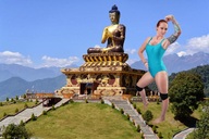 collage one_piece brunette posing nylons mountains forest flexing looking_at_viewer ear_loops tattooed