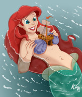 breasts drawing giantess tail mega color long_hair ocean mermaid smiling red_hair navel breast_play disney ships ariel the_little_mermaid imminent_crush looking_at_tiny seashell_bra between_breasts kisparlius