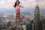 breasts giantess collage city mega swimsuit destruction buildings brunette multiple_sizes petronas_towers kneeling mountains giantesses sky kuala_lumpur kosmita