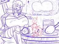 drawing tail size_difference small_woman huge_breasts food beer map on_table adventurers twisted_persona chatting tavenr