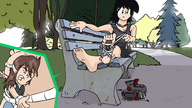 drawing feet color barefoot park bondage sitting chibichan shrunken_woman entrapment trapped maryluz trees bench park_bench tied_to_foot