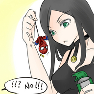 drawing handheld cleavage anime green_eyes brunette shrunken_men shrunken_man necklace hanging_on x-men looking_at_tiny x-23 laura_kinney spider-man marvel_comics peter_parker