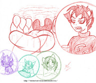 vore horns giant male unaware shrunken_people inside_mouth inside_view on_tongue homestuck twisted_persona karkat_vantas terezi_pyrope nepeta_leijon gamzee_makara