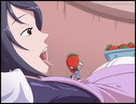 saliva purple_hair brown_eyes slave lying_down sheena strawberry tales_of_symphonia shrunken_man eating food jora-bora