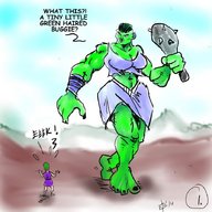 drawing giantess barefoot story green_hair looking_down orc point_of_view green_skin looking_at_tiny myegotripped club lucy_luckless
