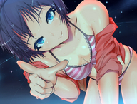 drawing black_hair color swimsuit blue_eyes cleavage wet smiling point_of_view looking_at_viewer pointing_finger