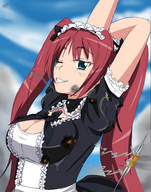 drawing giantess blushing color blue_eyes anime military smiling pink_hair airplane maid_uniform smoke bow air_force hank88 airi queens_blade winking