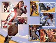 drawing giantess mega blonde comic color handheld ponytail comic_book outdoors jumpsuit dialogue zipper body_suit cassie_lang stature miles_morales spider-man marvel_comics narration