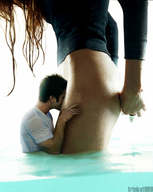 collage long_hair water brunette short_hair bottomless looking_down oral_sex no_background submerged