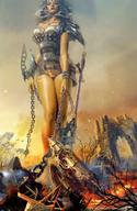 giantess mega black_hair armor destruction rampage buildings fire chains helmet midevil