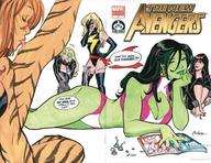 breasts drawing wings blonde color barefoot cleavage brunette gloves green_hair red_hair boots funny shrunken_woman painting_nails mask costume earrings leotard jumpsuit dialogue tigra orange_hair hairband cover_page she_hulk on_butt green_skin black_widow orange_skin janet_van_dyne comic_books mockingbird ms_marvel marvel_comics the_wasp bare_midriff amanda_conner