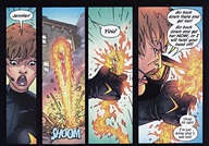 breasts drawing giantess city mega comic color handheld angry brunette gloves short_hair fire avengers outdoors fist costume dialogue body_suit janet_van_dyne marvel_comics the_wasp