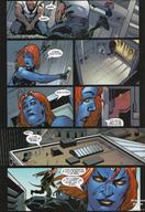 drawing comic color handheld yellow_eyes gloves red_hair blue_skin belt dialogue x-men comic_books mystique shortpack marvel_comics