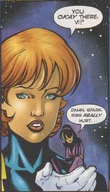 comic black_hair blue_eyes handheld gloves red_hair short_hair shrunken_woman costume dialogue dc_comics shrinking_violet legion_of_superheroes hair_streak lightning_lass