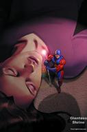 drawing long_hair brunette shrunken_man mask closed_eyes belt atom unconscious knocked_out dc_comics pin scowling ryan_choi