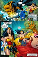 breasts drawing giantess mega black_hair long_hair armor cleavage blood giganta red_hair fighting wonder_woman leotard jumpsuit atom dialogue tiara lasso dc_comics comic_books ryan_choi