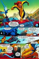 drawing giantess mega color long_hair giganta red_hair running outdoors jumpsuit dialogue zipper dc_comics blue_beetle comic_books