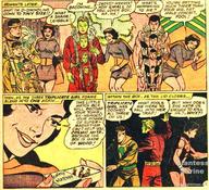 drawing alien black_hair skirt shrinking short_hair shrunken_men comic_book costume cape clones belt headband dialogue matchbox dc_comics legion_of_superheroes triplicate_girl brainiac_5 cosmic_boy
