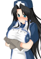 drawing gentle giantess blushing black_hair color blue_eyes huge_breasts eliza gloves crossed_arms no_background on_breasts mejiro