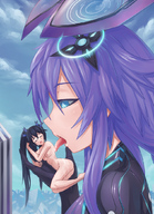 drawing giantess nude color tongue blue_eyes licking handheld saliva purple_hair shrunken_woman source_needed hyperdimension_neptunia on_palm purple_heart noire