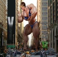 giantess collage city swimsuit destruction buildings short_hair muscles vehicles outdoors flexing