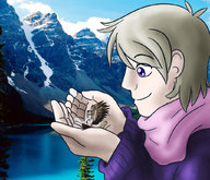 handheld mountains lake outdoors sky shrunken_character looking_at hetalia