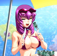drawing vore color swimsuit water pink_hair fork sunglasses reflection closed_eyes knife imminent_vore silverware sparkles muv_luv yuuko_kouzuki
