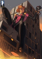 drawing city blue_eyes handheld brunette smiling sitting gundam giantessfan mech looking_at_tiny