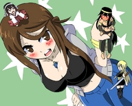 drawing giantess blushing color large_breasts handheld cleavage brunette brown_eyes belly shrunken_woman herretik