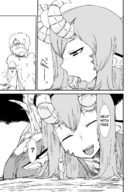 drawing giantess horns comic monochrome saliva story shrunken_men spitting shrunken_man inside_mouth dialogue spit_out