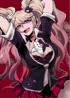 drawing blonde cleavage skirt anime purple_eyes licking_lips looking_at_viewer junko_enoshima monokuma danganropa bungo between_breasts
