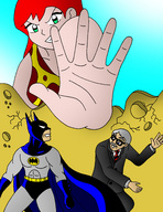 drawing giantess color destruction green_eyes giganta red_hair batman cape belt leopard_print reaching_for_tiny_man dc_comics streetgals9000 commissioner_gordon