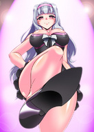 large_breasts high_heels purple_hair pink_eyes under_shoe point_of_view