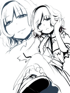drawing feet monochrome touhou shoes smiling dress short_hair foot_crush alice_margatroid point_of_view book imminent_crush hyudora