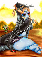 drawing giantess color barefoot butt_crush red_eyes midna shrunken_men sitting shrunken_man commission orange_hair cramous ino110 twili_midna link_(the_legend_of_zelda)
