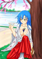 drawing color cleavage yellow_eyes tree shrunken_man commission cramous cherry_blossom shrine_maiden sake between_breasts