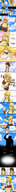 breasts drawing giantess blushing mega blonde comic color large_breasts long_hair butt blue_eyes cleavage skirt brunette embarrassed muscles abs falling pants dangle top dropped dialogue imminent_vore pinched looking_at_tiny cmartworkxl vest pondering too_cute bare_midriff between_breasts