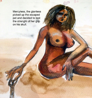 breasts drawing nipples giantess nude handheld cleavage brunette unknown_artist sitting painting thighs captions between_fingers imminent_crush looking_at_tiny watercolor