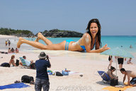 giantess collage swimsuit beach barefoot ocean brunette smiling lying_down sand looking_at_viewer sunbathing beach_goers lowerrider