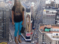giantess collage feet city blonde streets vehicles flip_flops looking_at_viewer between_buildings downward_angle lowerrider