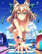drawing blushing blonde swimsuit beach barefoot cleavage anime green_eyes smiling unknown_artist thong crawling thighs fox_girl point_of_view looking_at_viewer bracelet