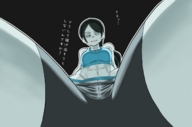 drawing black_hair color abs pants japanese_text point_of_view top looking_at_viewer legs_spread sports_wear wii_fit_trainer yuzu_gin
