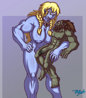 breasts drawing nipples gentle nude blonde male penis cleavage orc looking_at_tiny dungeons_and_dragons smilng blue_magick forgotten_realms frost_giant muslces gerti_orelsdottr obould_many-arrows