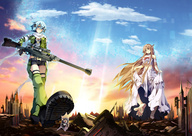 mega blonde destruction blue_eyes toes barefoot cleavage high_heels soles anime blue_hair brown_eyes boots unknown_artist foot_crush belly uniform unaware giantesses bug thighs running_away lifting_skirt imminent_crush pointed_ears rifle bug_art_online