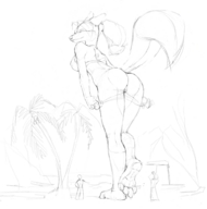 drawing gentle giantess pussy furry tail monochrome butt swimsuit smiling thighs undressing fox_girl looking_at_tiny scream_(artist)