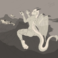 drawing dragoness tail wings monochrome toes barefoot high_heels smiling paws jets mountains screaming looking_back paw_pads kaiju