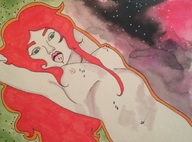 breasts drawing giantess vore space color long_hair green_eyes red_hair lying_down shrunken_people body_exploration stars on_tongue mouth_open watercolor pipriko