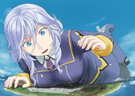 drawing mega destruction blue_eyes anime blue_hair breast_crush looking_down open_mouth sky aoigai debris looking_at_tiny