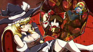 drawing vore blonde color large_breasts handheld cleavage touhou yellow_eyes gloves lying_down witch alice_margatroid shrunken_woman dangle inside_stomach acerok sofa patchouli_knowledge marisa_kirisame reimu_hakurei shrine_maiden looking_at_tiny
