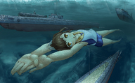 drawing giantess swimsuit barefoot anime brunette brown_eyes underwater swimming thighs kantai_collection submarines ninhariden